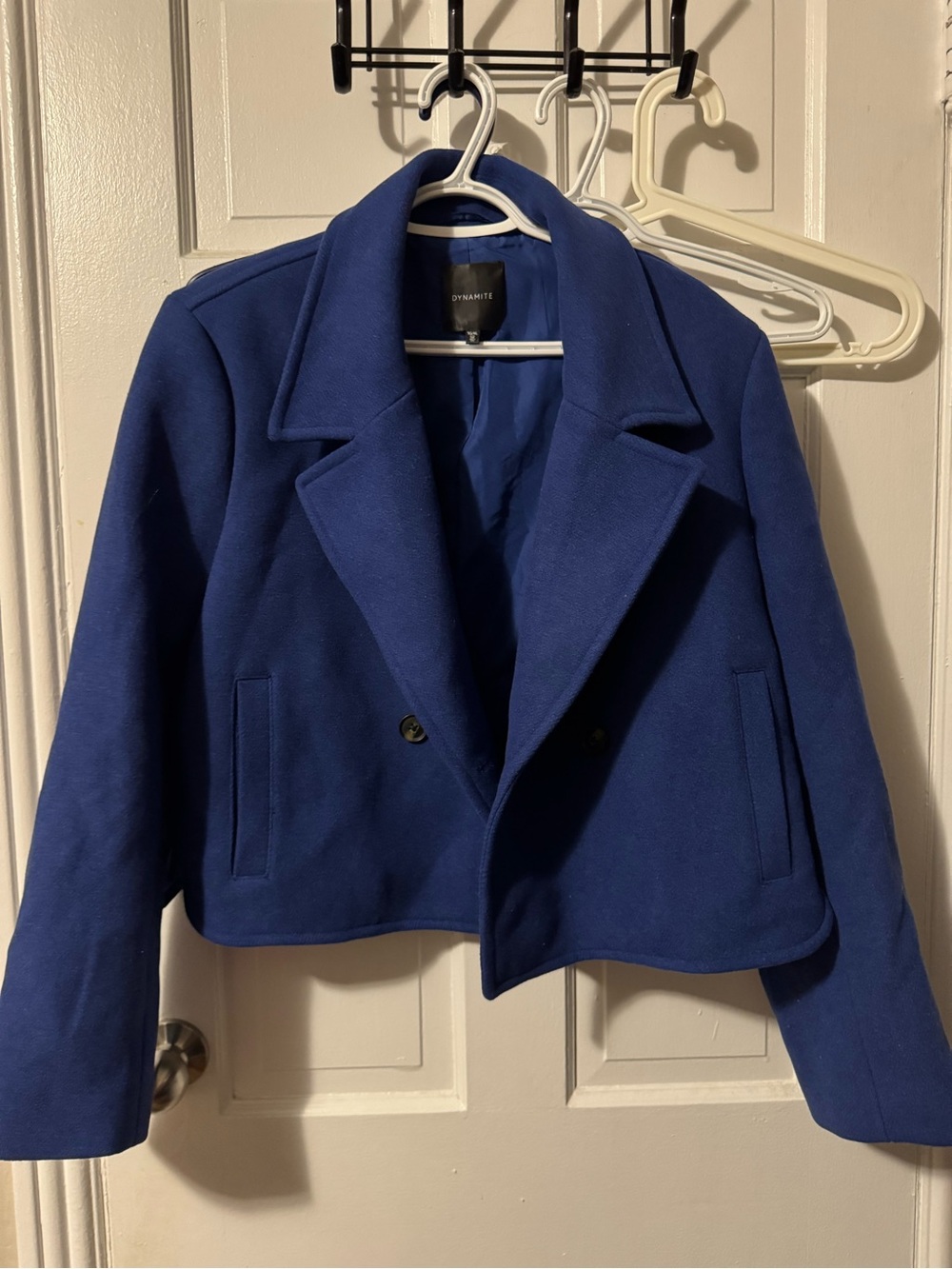 Dynamite Women's Double-Breasted Cropped Pea Coat in Royal Blue